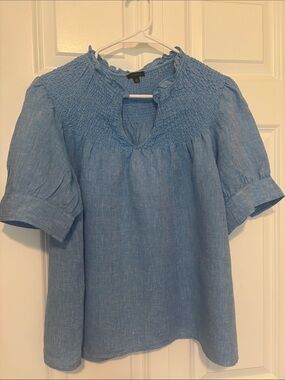 Talbots Light Blue Smocked Yoke Linen Top
